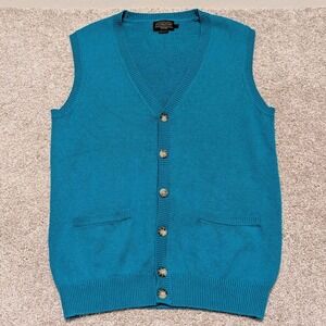 Pendleton Mens Teal Blue Cotton Cashmere Button Front V-Neck Sweater Vest Small